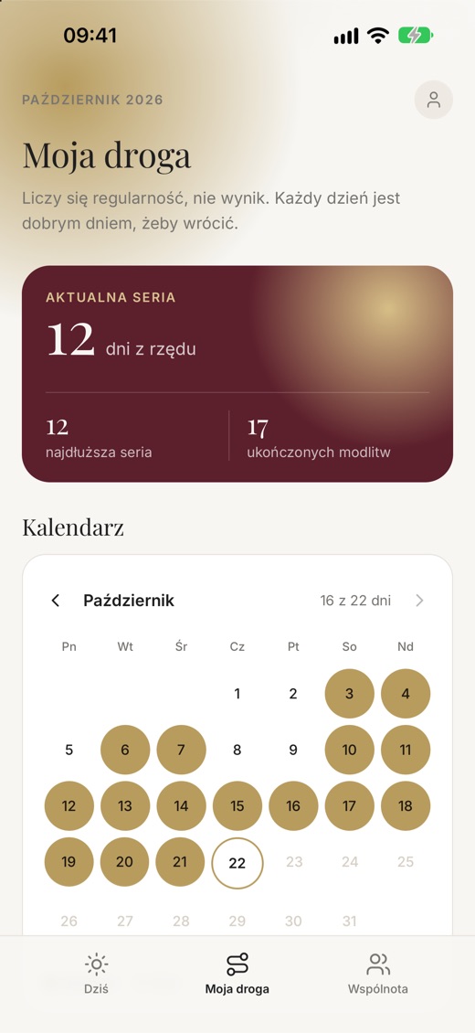 Ekran Moja droga: aktualna seria, kalendarz miesiąca i kamienie milowe