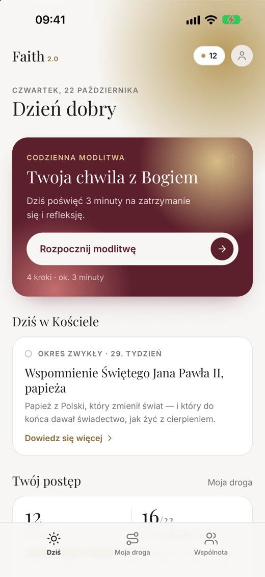 Ekran Dziś: karta „Codzienna modlitwa”, Dziś w Kościele i seria 12 dni